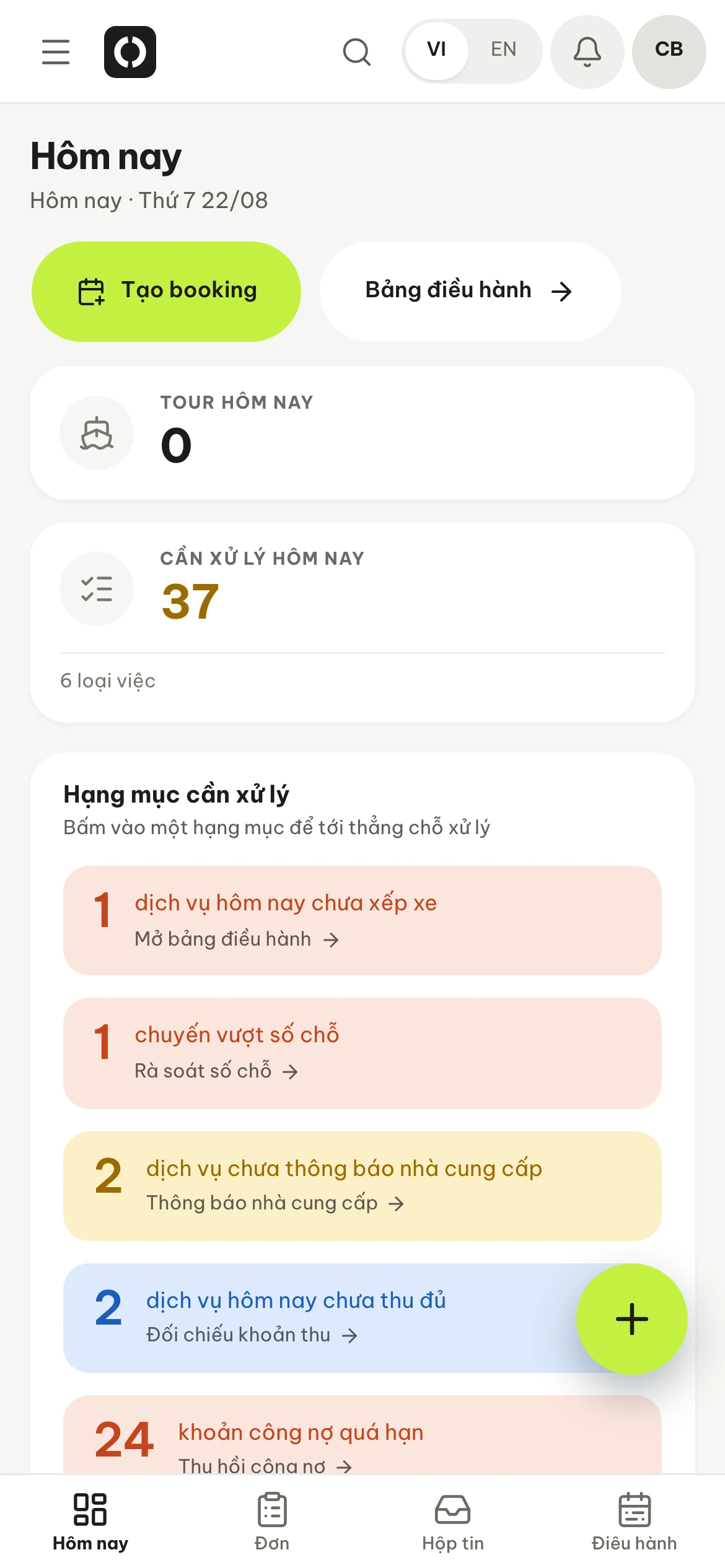 The Opsby Today screen on a phone: a summary card giving the number of items to deal with today and how many kinds of work they fall into, and below it a list of each kind of work with its count, tappable straight through to where it gets handled.